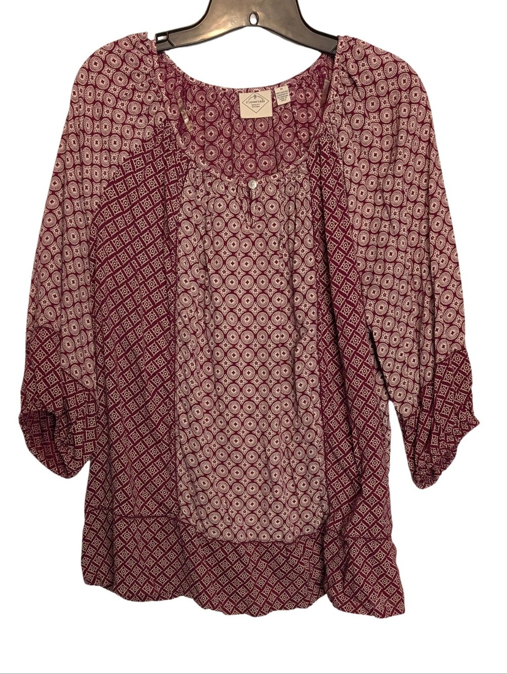 Burgundy Printed Peasant Blouse. Size 1X